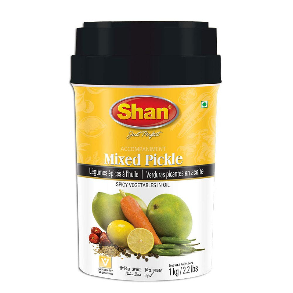 Shan Mixed Pickle jar close-up, mango-carrot-lemon-chili flavors to enhance meals.