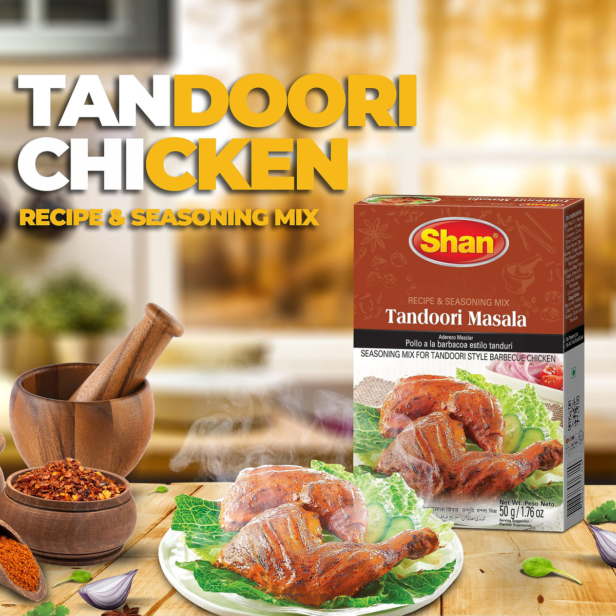 Shan Tandoori Masala Pack6 Ingredients List highlights versatile spices for chicken and veggies.