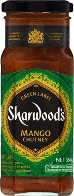 Sharwood's Green Label Mango Chutney bottle adds fruity sweetness to curries and dips.