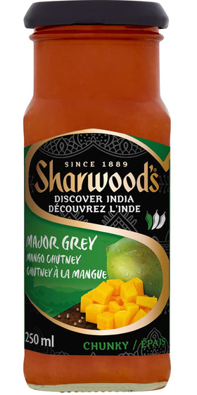 Sharwood's Major Grey Mango Chutney bottle shown, a versatile accompaniment for cheeses.