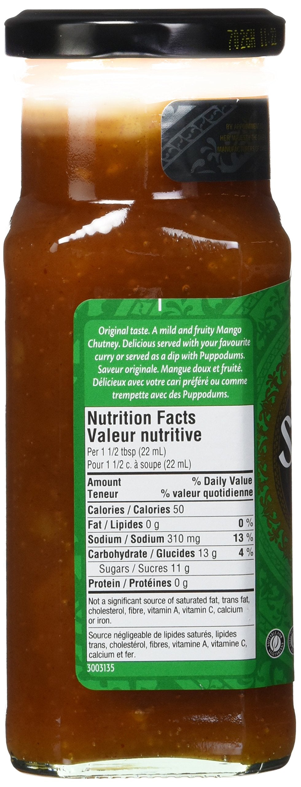 Sharwood's Major Grey Mango Chutney label close-up highlighting flavor profile for wraps and chutney boards.