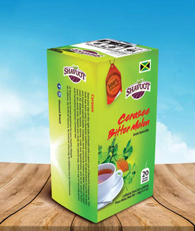 Shavuot Cerasee Tea tea bags close-up highlighting natural ingredients.