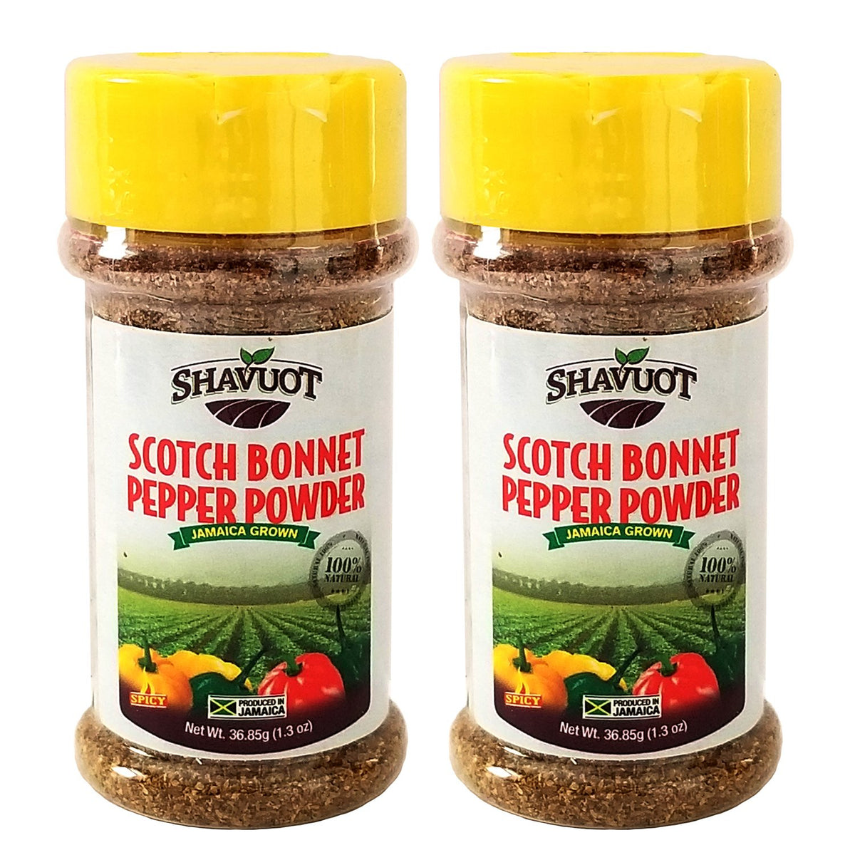 Shavuot Scotch Bonnet Pepper Powder jar closeup shows vibrant spice color and quality.