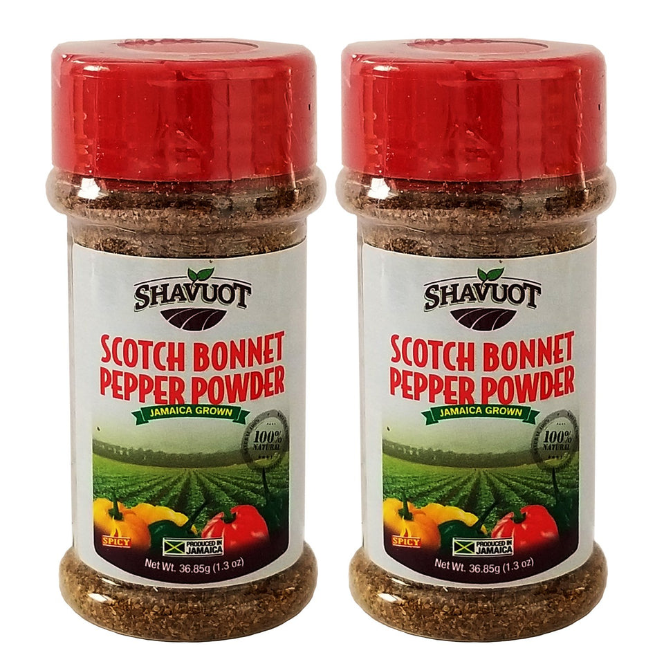 Shavuot Jamaican Scotch Bonnet Pepper Powder pack adds authentic heat to Caribbean dishes.