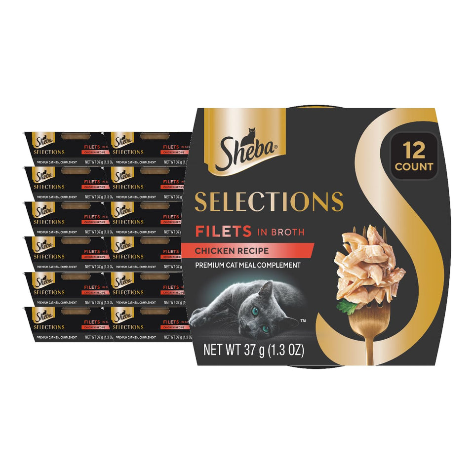 Sheba Selections Filets in Broth cup open with chicken-tuna, ideal meal topper