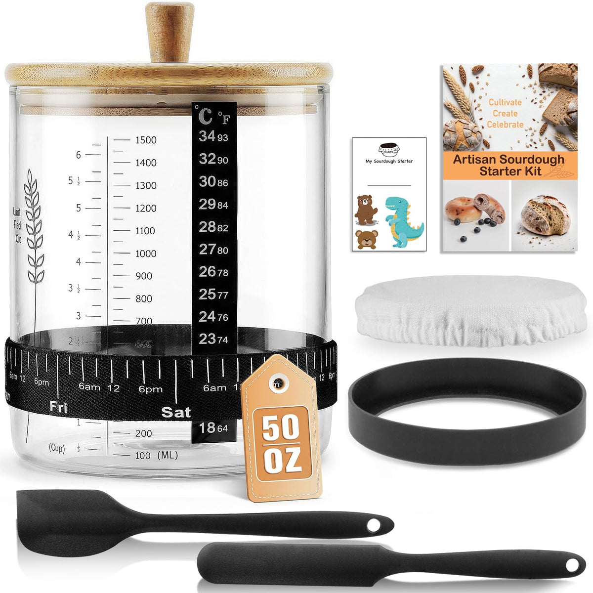 SheeChung 50oz starter jar front view, crystal-clear glass for easy fermentation monitoring