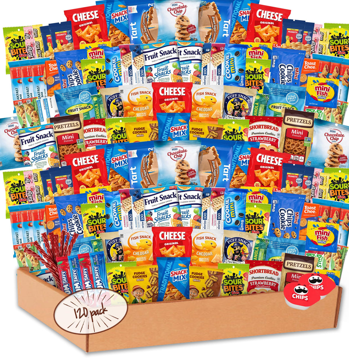 Shelly's Delight bulk snack box with chips, cookies, and bars for family sharing.