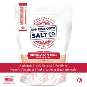 Sherpa Pink Himalayan salt on kitchen shelf ready to elevate soups and stews.
