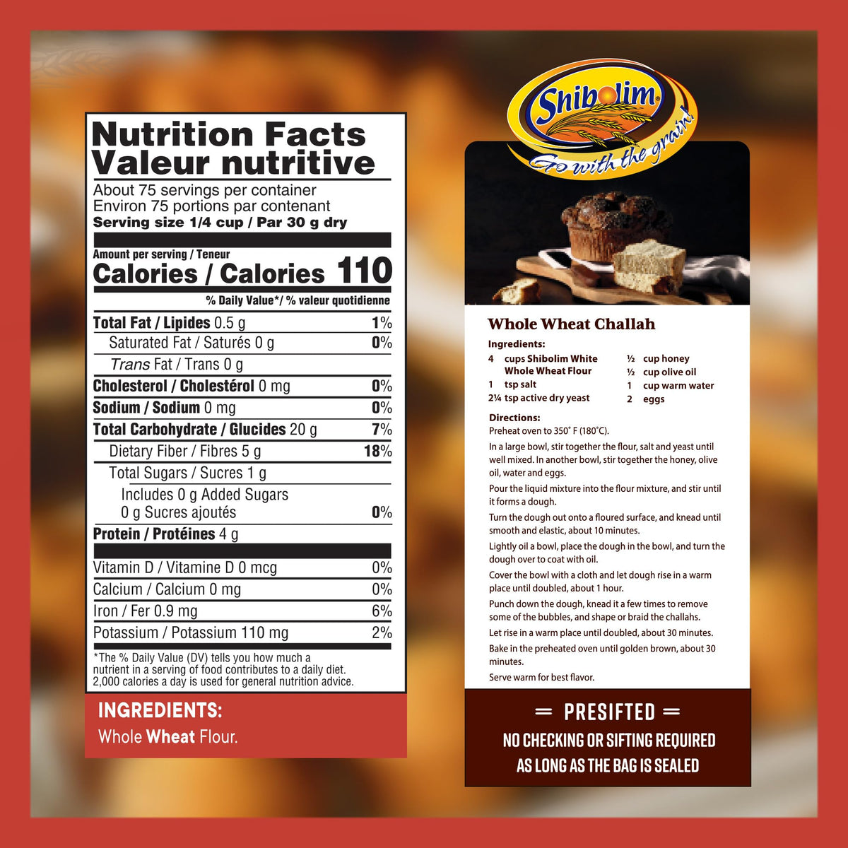 Shibolim Back-of-package Challah recipe card displayed for easy baking inspiration.