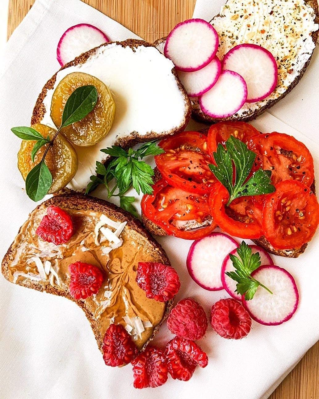 Plate with Shibolim flaxseed bread slice for a quick vegan breakfast.