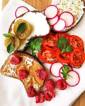 Plate with Shibolim flaxseed bread slice for a quick vegan breakfast.