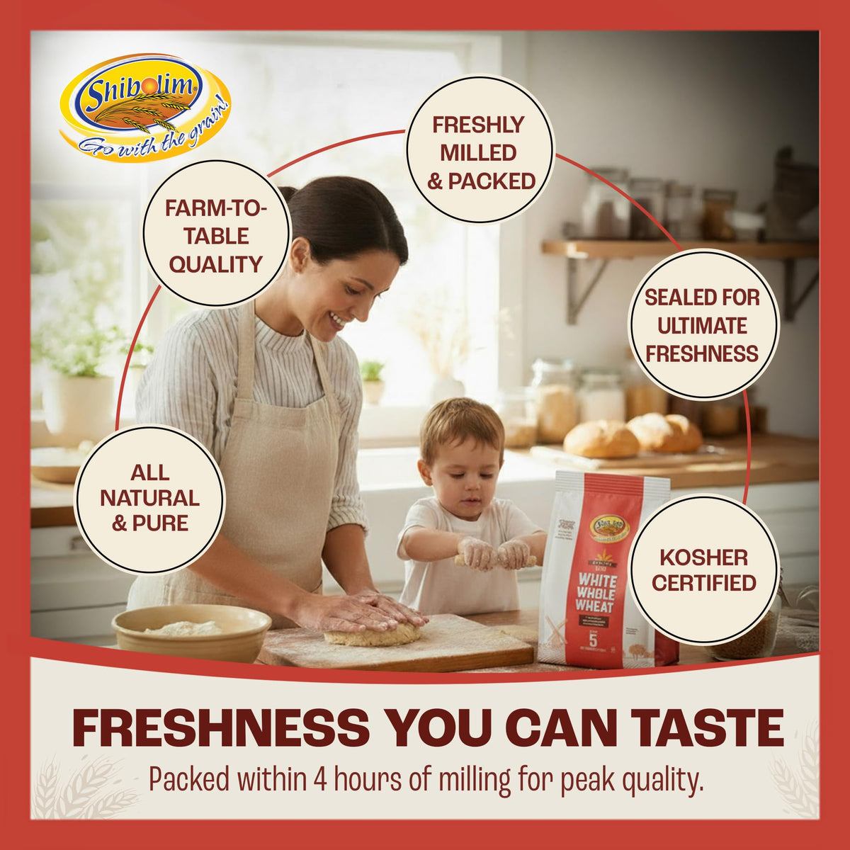 Shibolim Presifted Flour label, showing triple-sifted quality for smooth baking results.