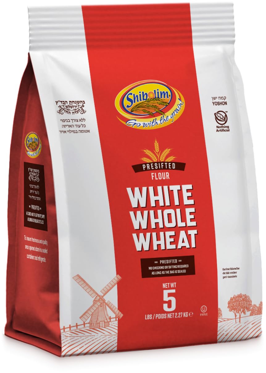 Shibolim White Whole Wheat Flour 5lb bag on shelf, ideal for fresh-baked breads.