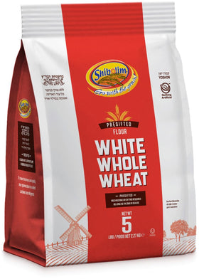 Shibolim White Whole Wheat Flour 5lb bag on shelf, ideal for fresh-baked breads.