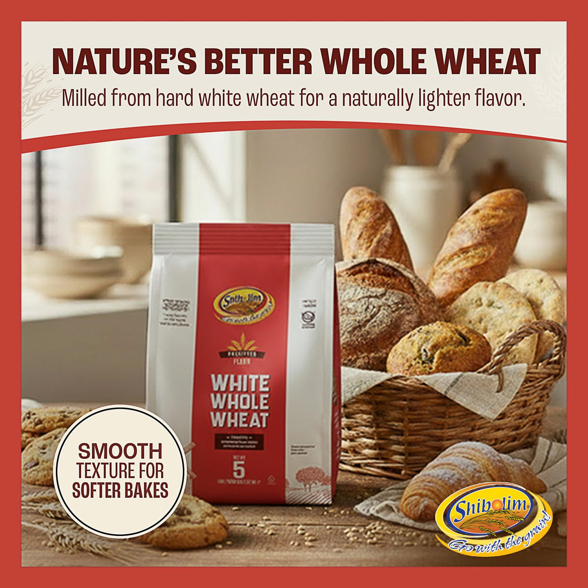 Shibolim White Whole Wheat Flour label closeup, highlighting kosher certification and purity.