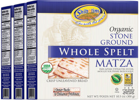Shibolim Whole Spelt Matzo 3-pack boxes maintain crisp freshness for daily snacking.