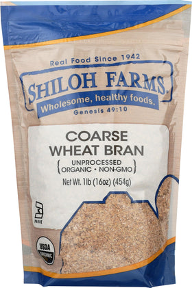Shiloh Farms Bran Coarse in bag, showcasing organic quality and texture