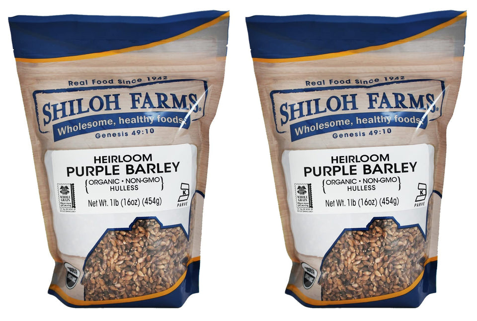 Shiloh Farms hulless purple barley kernels in focus, offering nutty flavor and versatile meal base.