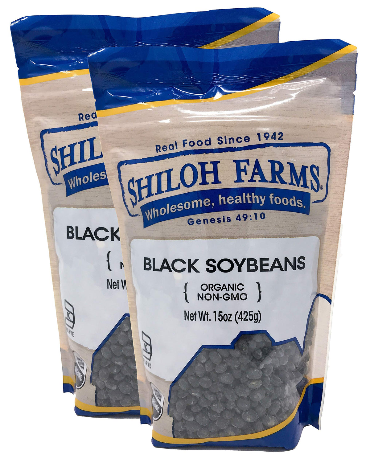 Shiloh Farms organic black soybeans bag front view, rich texture ideal for vegan meals
