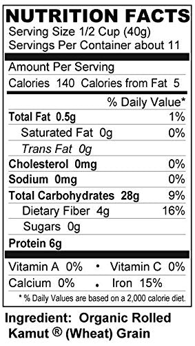 Shiloh Farms Kamut Flakes nutrition panel highlighting B vitamins and minerals.