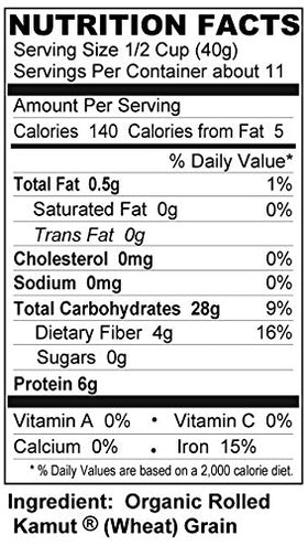 Shiloh Farms Kamut Flakes nutrition panel highlighting B vitamins and minerals.