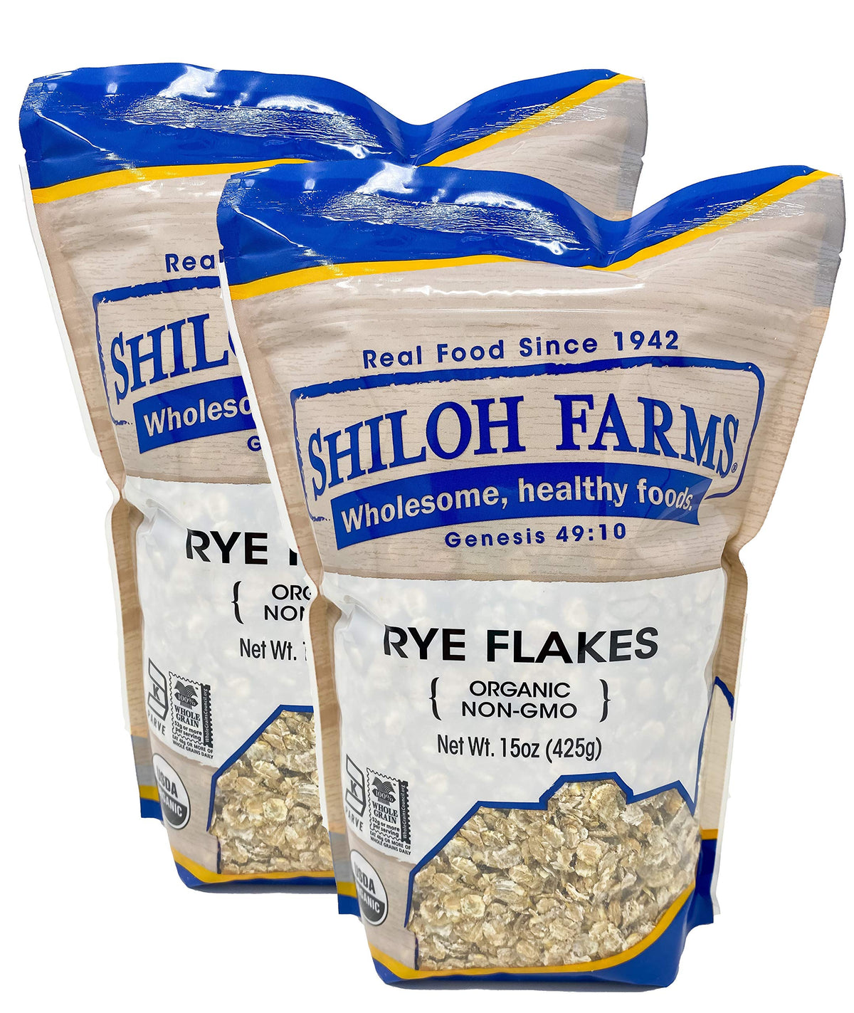 Shiloh Farms organic rye flakes 2-pack packaging on kitchen counter