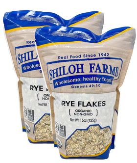 Shiloh Farms organic rye flakes 2-pack packaging on kitchen counter