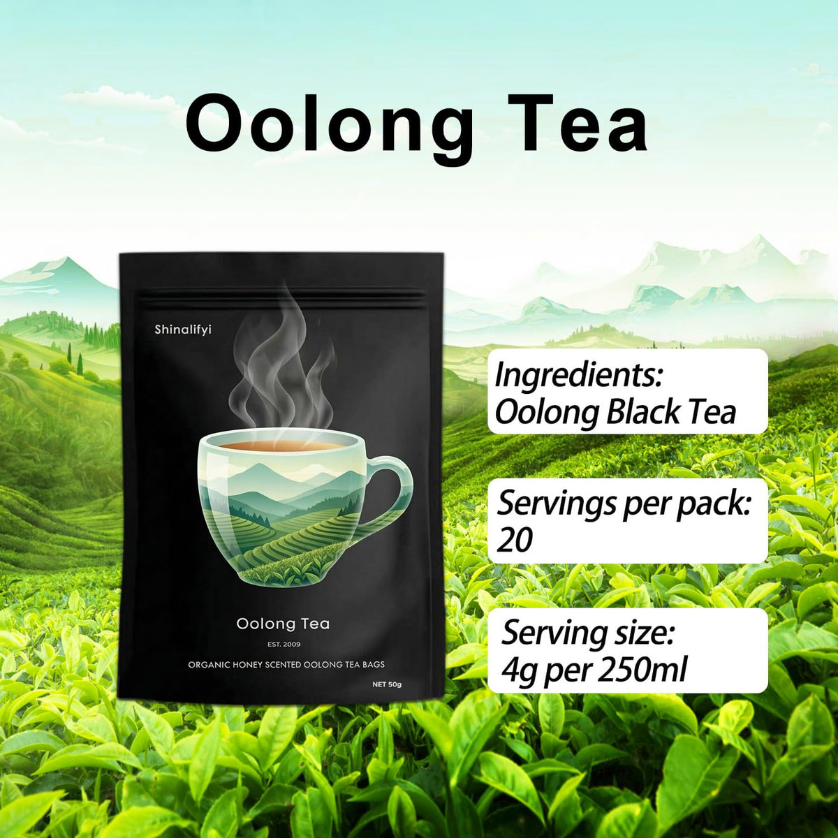 Shinalifyi Oolong tea bag closeup shows fine, additive-free leaves for natural tasting notes