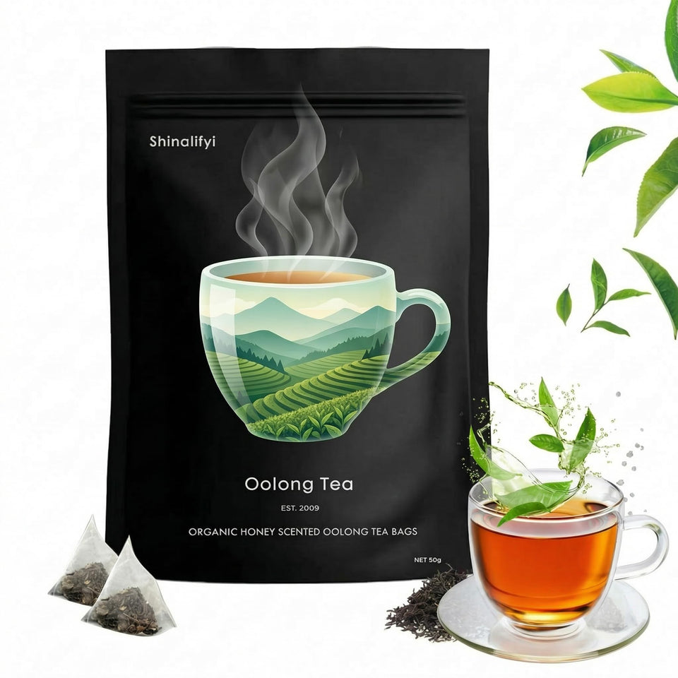 Shinalifyi Oolong tea bags packaging highlights organic whole leaves for pure flavor