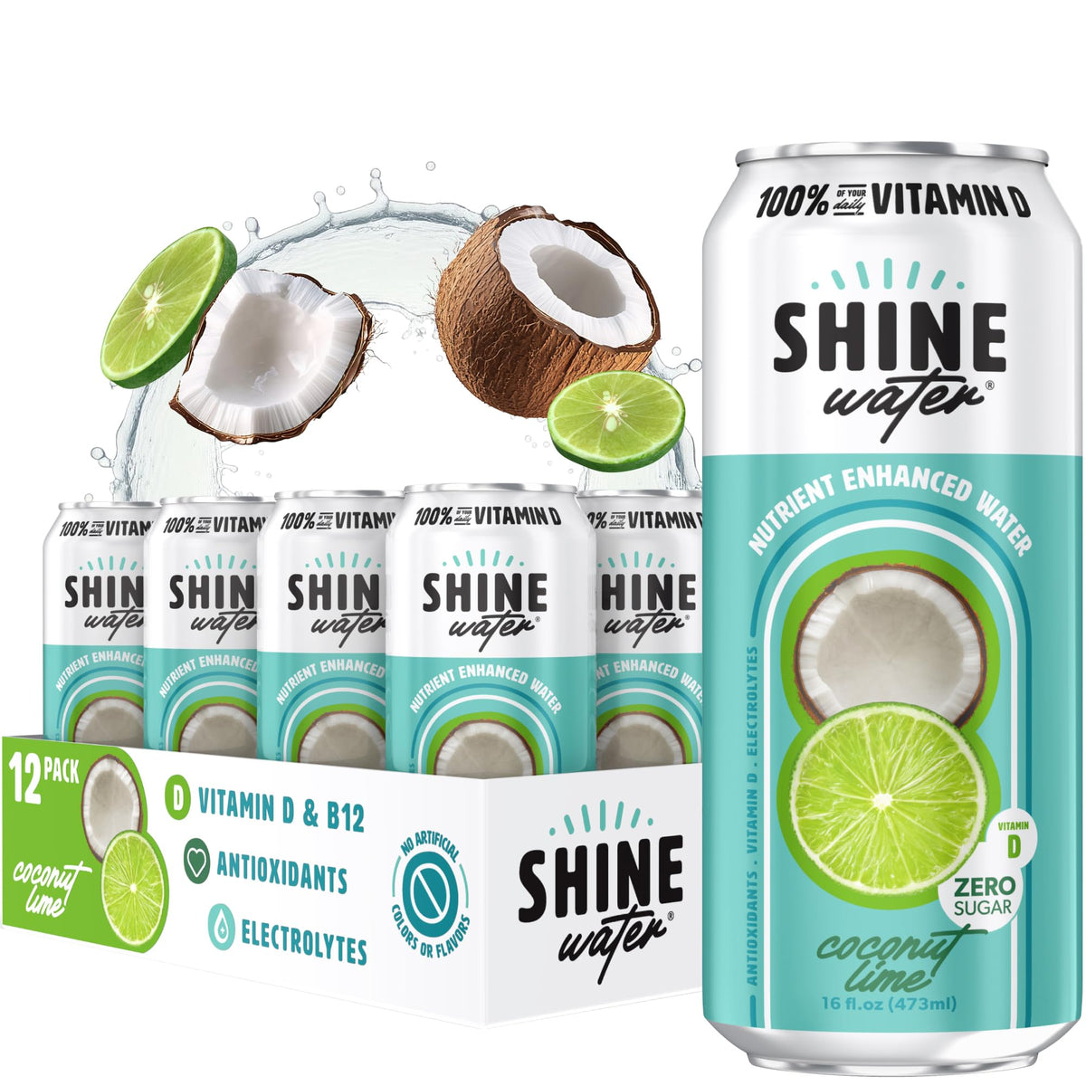 ShineWater Coconut Lime bottle with electrolytes for on-the-go refreshing hydration.