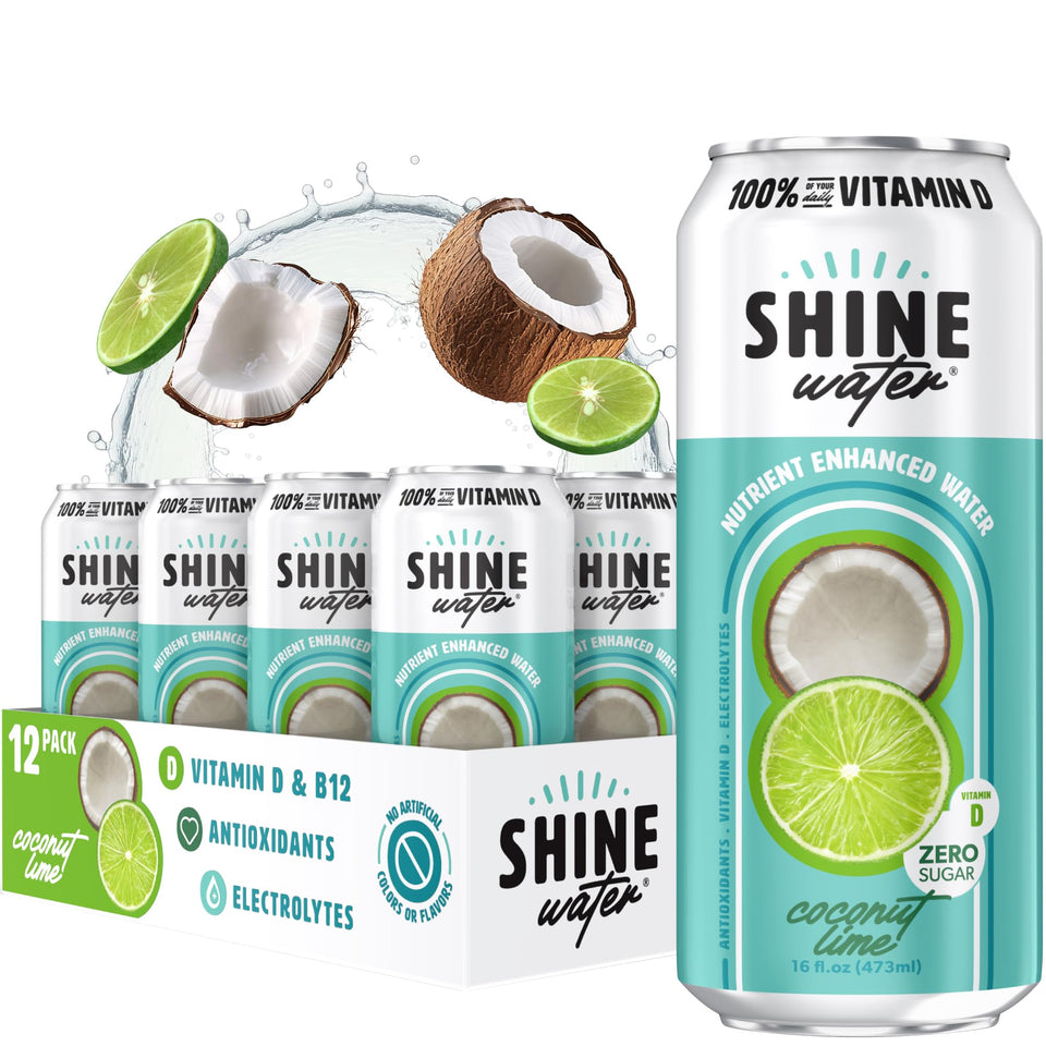 ShineWater Coconut Lime bottle with electrolytes for on-the-go refreshing hydration.