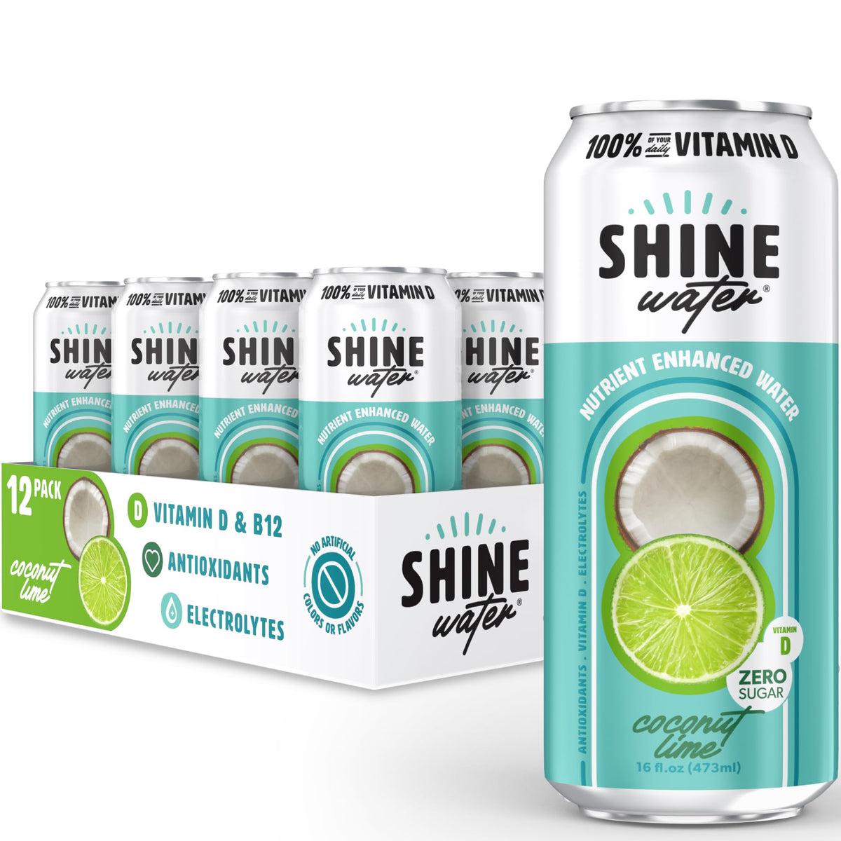 ShineWater Coconut Lime ingredients panel emphasizing plant-based antioxidants and minerals.