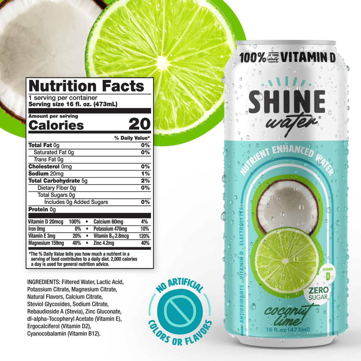ShineWater Coconut Lime label close-up shows Vitamin D and minerals.