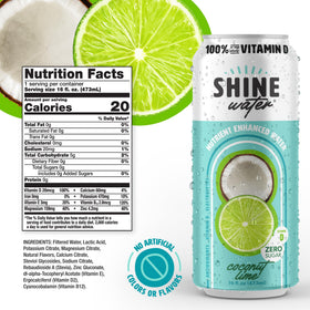 ShineWater Coconut Lime label close-up shows Vitamin D and minerals.