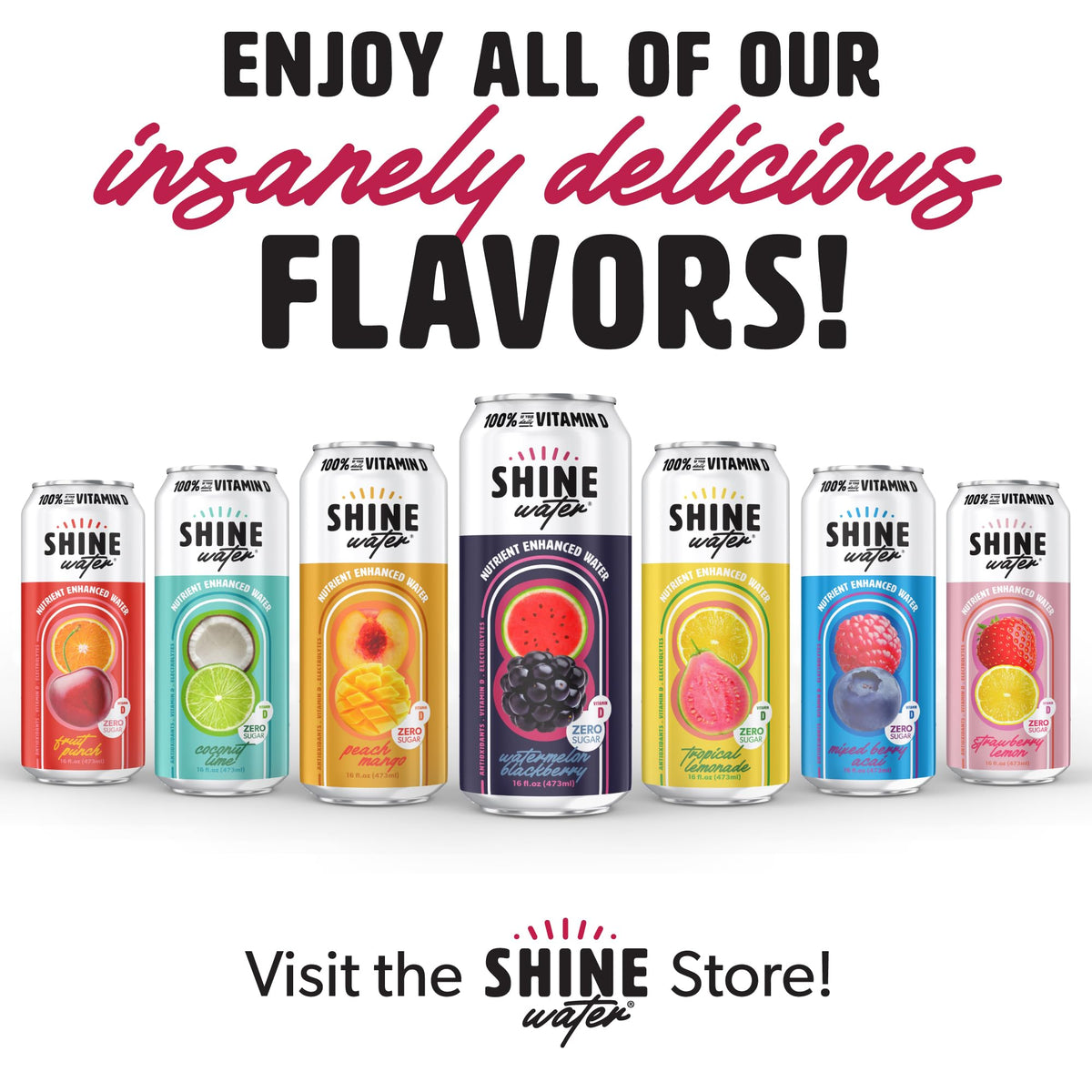 ShineWater Fruit Punch Acai Berry bottle displays vibrant flavor variety for daily refreshment.