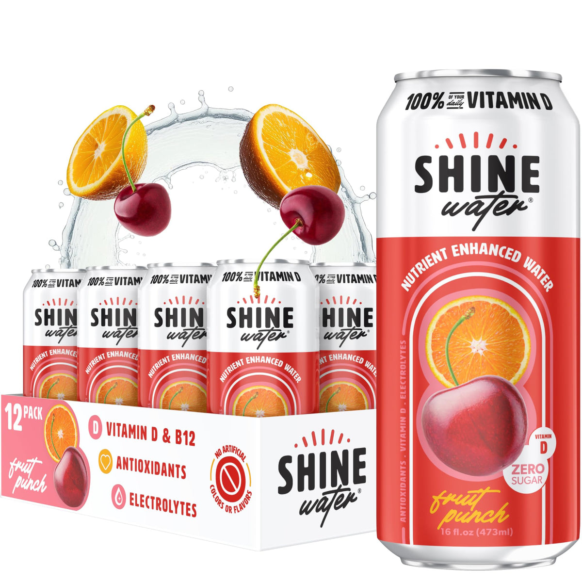 ShineWater Fruit Punch bottle highlighting refreshing, zero-sugar hydration.