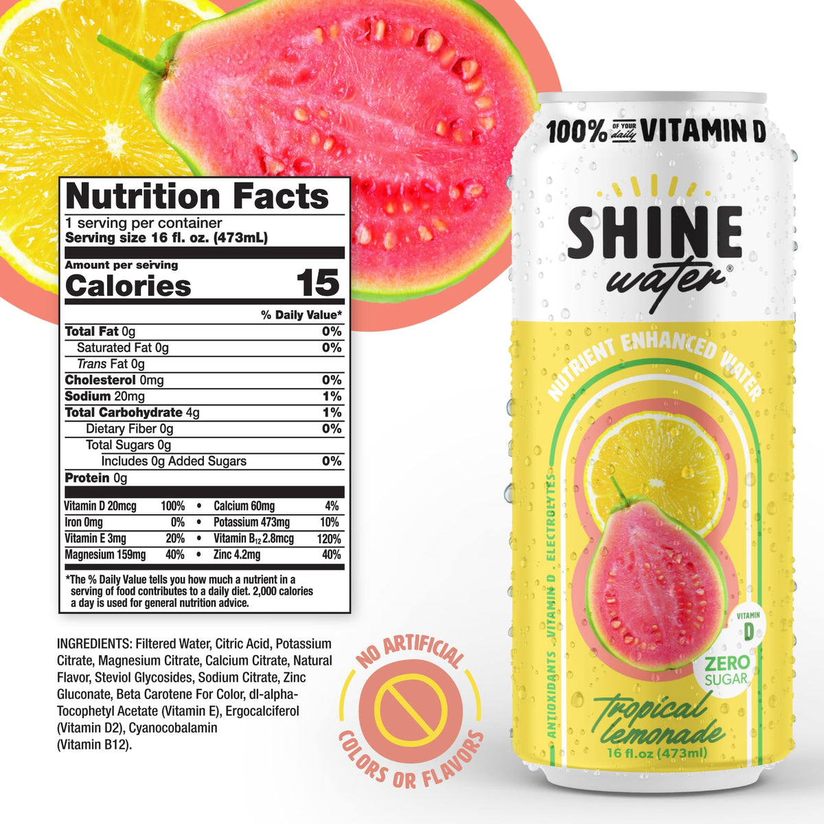 ShineWater antioxidants label highlights plant-based ingredients for clean hydration.