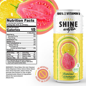 ShineWater antioxidants label highlights plant-based ingredients for clean hydration.