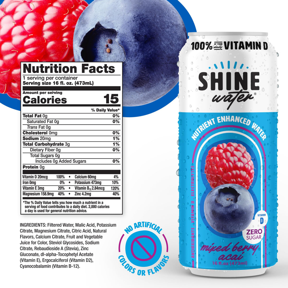 ShineWater bottle label highlights daily value of Vitamin D