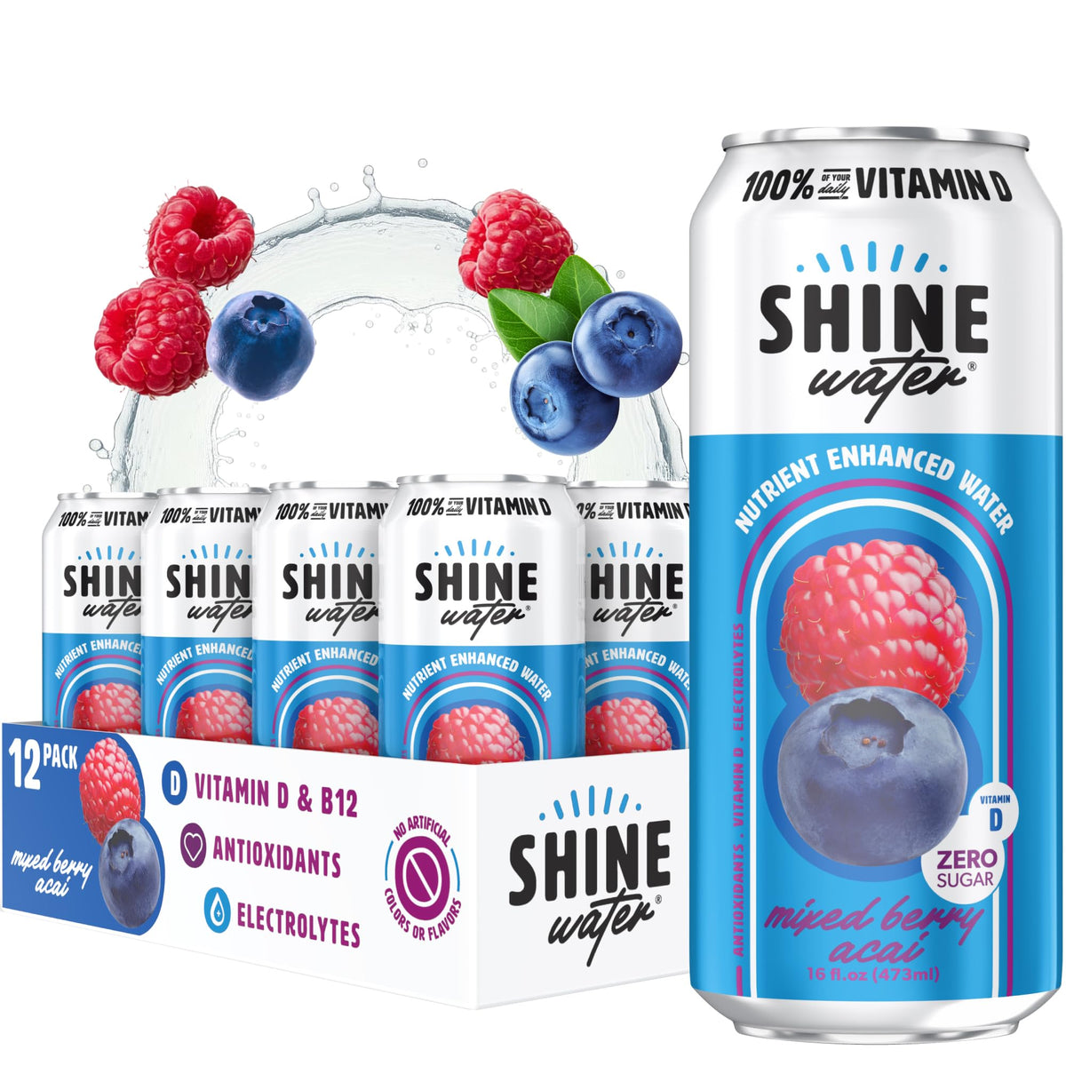 ShineWater Mixed Berry Acai bottle on a clean counter with vitamin D and electrolytes