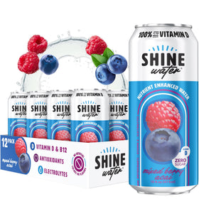 ShineWater Mixed Berry Acai bottle on a clean counter with vitamin D and electrolytes