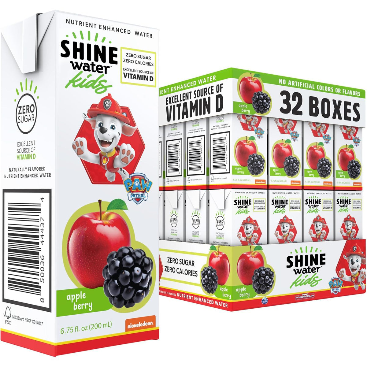 ShineWater Paw Patrol 32-pack display showing value for families and schools