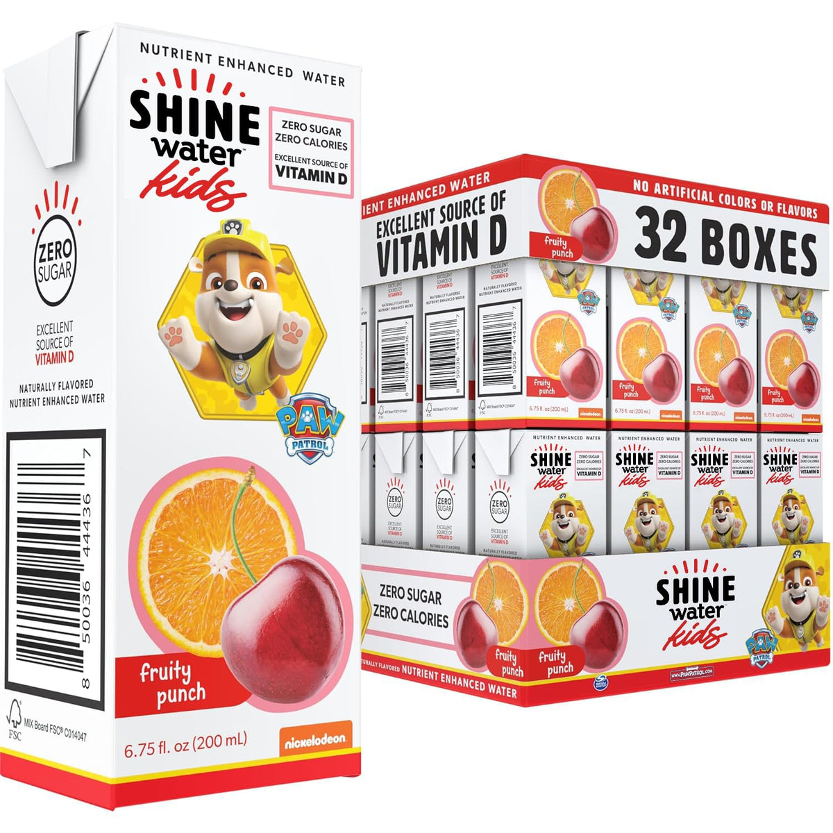 ShineWater Paw Patrol box back with nutrition details and electrolytes for active kids.
