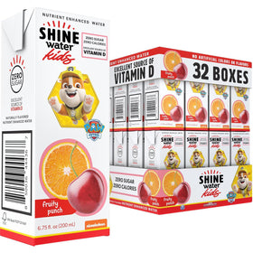 ShineWater Paw Patrol box back with nutrition details and electrolytes for active kids.