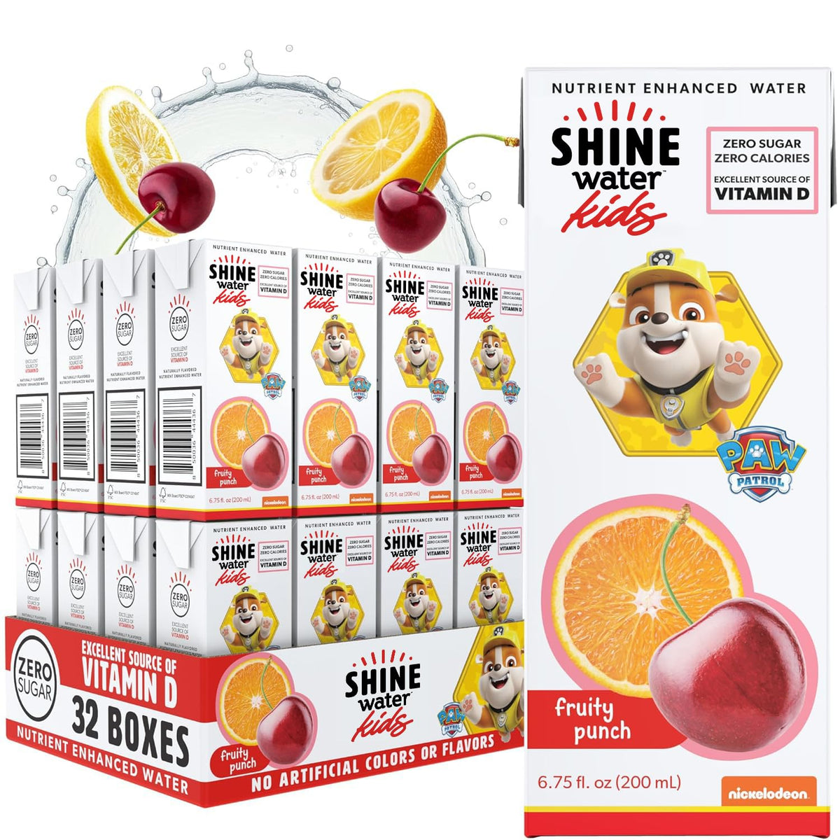 ShineWater Paw Patrol Fruit Punch box front showing vitamin D for kid hydration.