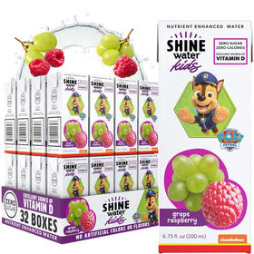 ShineWater Paw Patrol grape raspberry juice box front view promotes kid-friendly hydration with vitamin D