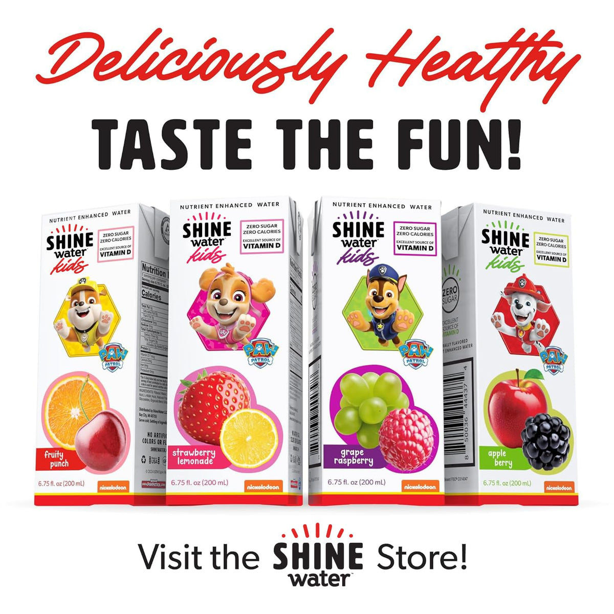 ShineWater Paw Patrol juice pouch packaging highlights zero sugar and natural flavors.