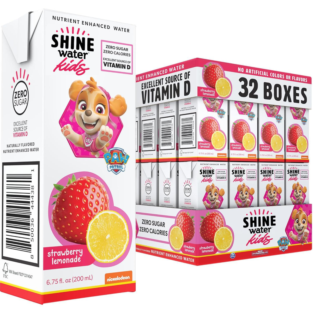 ShineWater Paw Patrol Vitamin D boost label highlights strong bones and immune support.