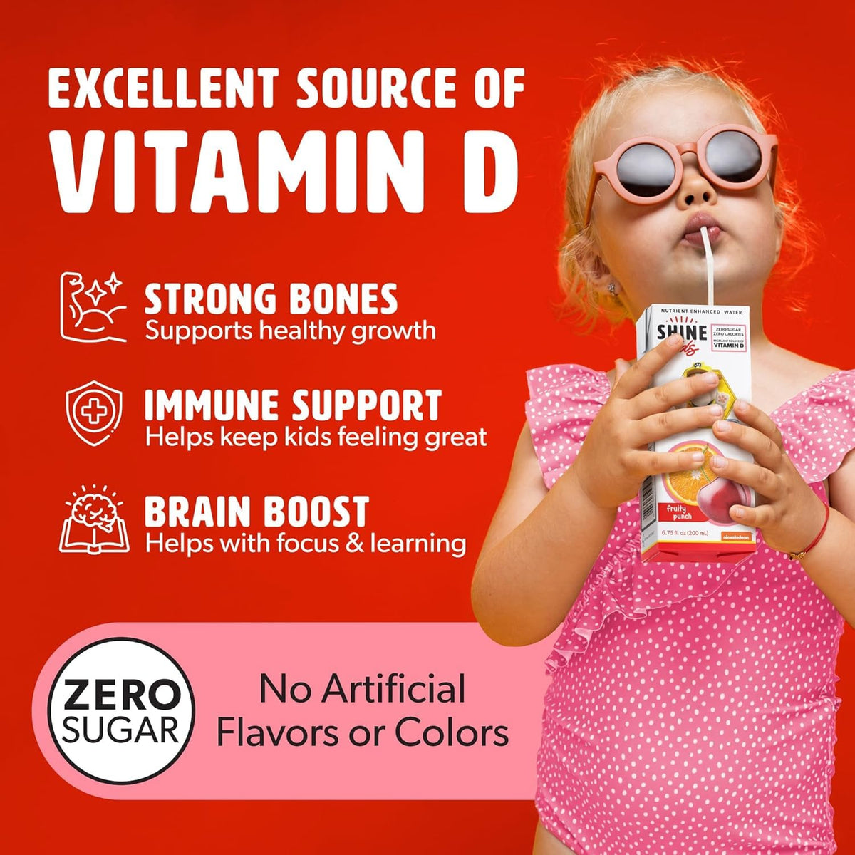 ShineWater Paw Patrol vitamin D label highlights bone health and immune support.