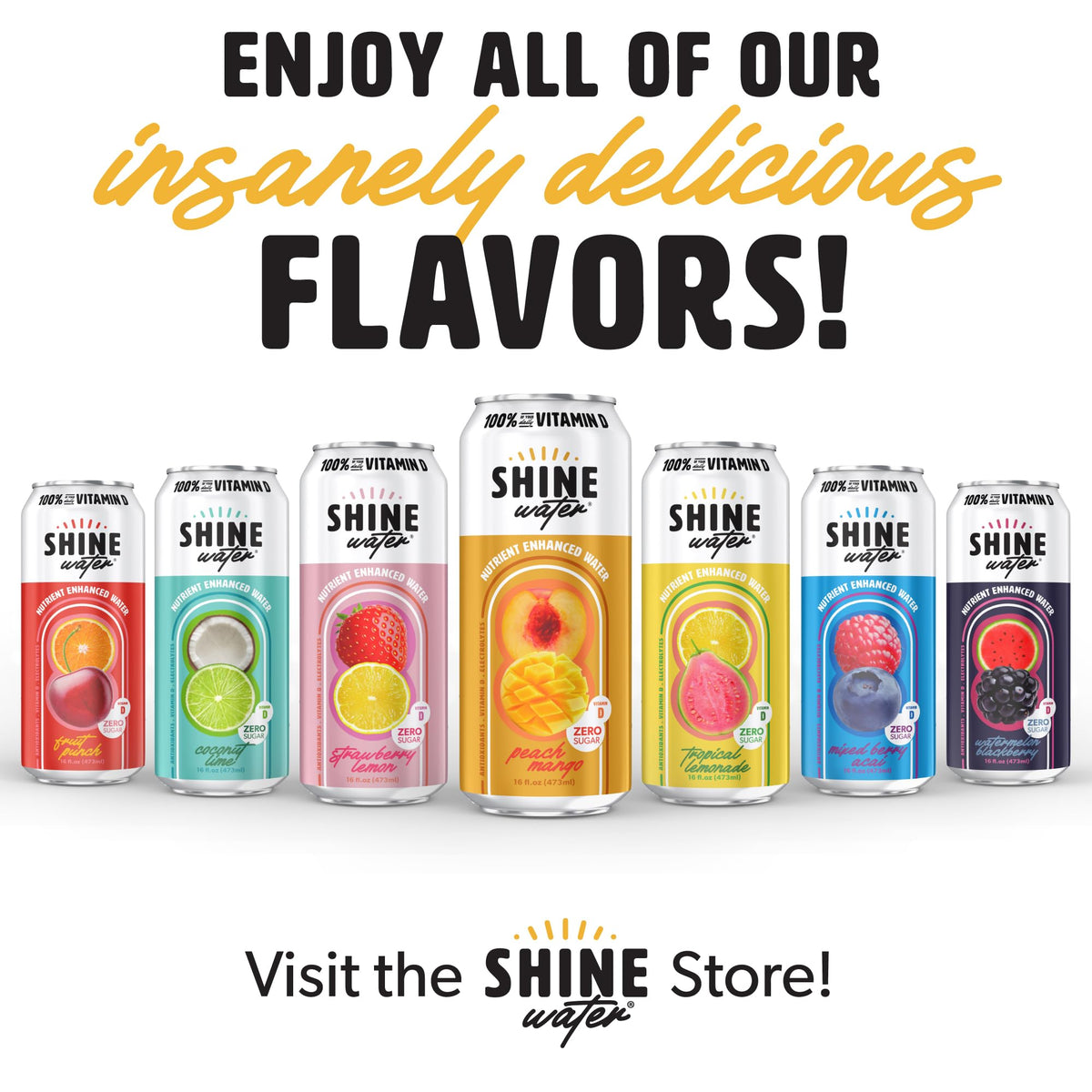 A 12-pack ShineWater Peach Mango display highlights value and convenience.
